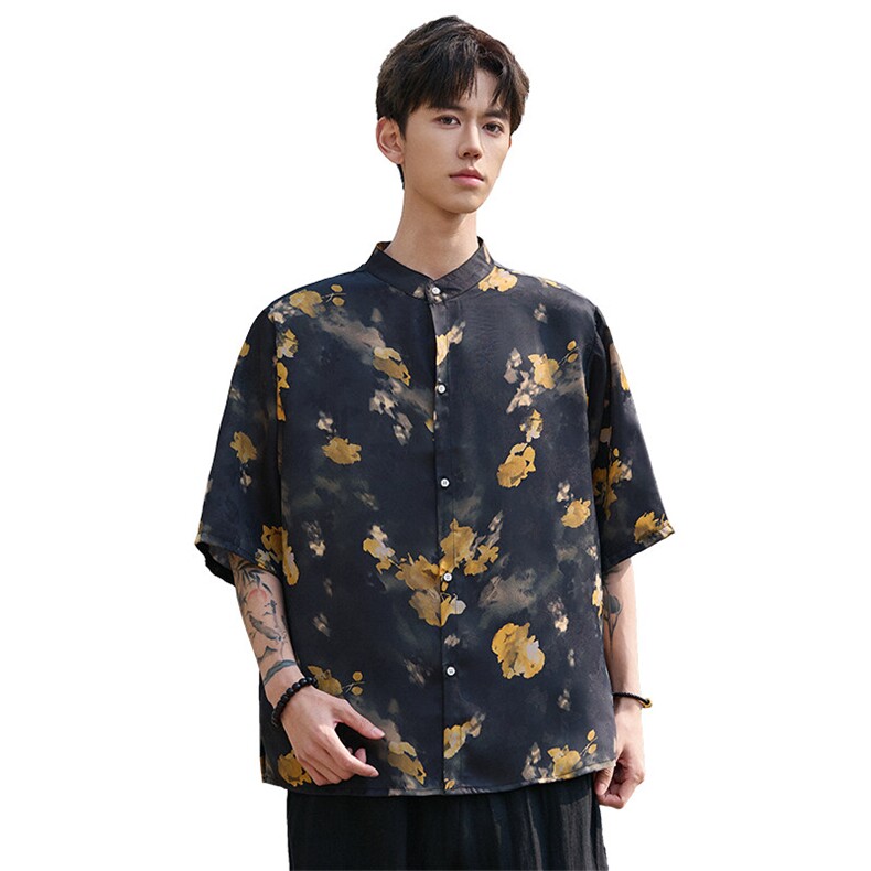 新中式提花风潮T恤短袖上衣立领衬衫时尚百搭T2501-P58,男装T恤,电商A227