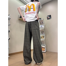 XK468-P35灰色格子裤男夏季薄款慵懒松弛感美式休闲阔腿直筒裤，男装休闲裤，电商A178