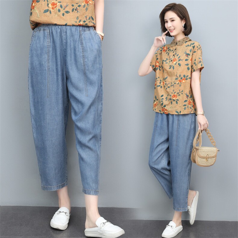 妈妈裤子夏季2025新款宽松显瘦女装大码小个子中老年女天丝七分裤，女装牛仔裤，依恋蒂丝