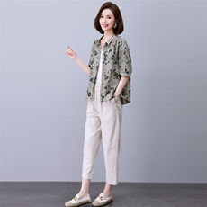 时尚印花棉麻休闲套装女宽松显瘦气质两件套，女装套装/套裙，依恋蒂丝
