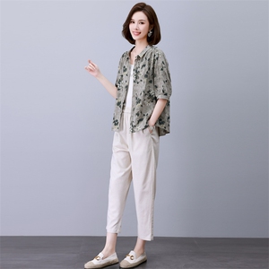 时尚印花棉麻休闲套装女宽松显瘦气质两件套图片