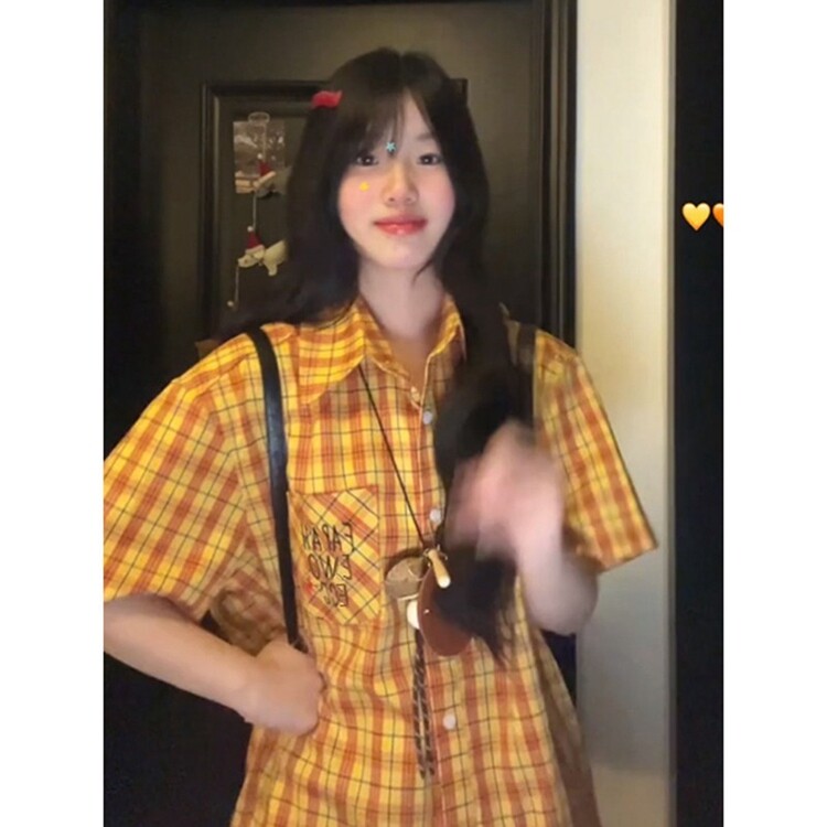 美式复古黄色短袖格子衬衫女夏季2025新款小个子外搭休闲衬衣外套,女装衬衫,星座218-8