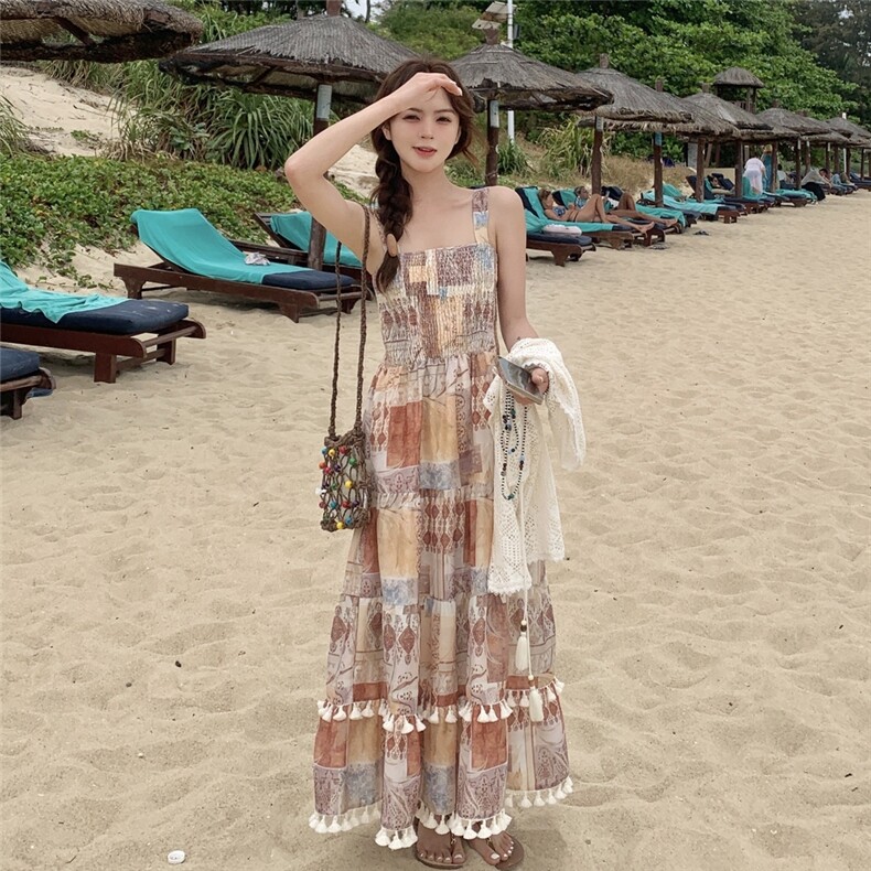 波西米亚连衣裙女2025夏季新款复古气质度假风开衫吊带长裙两件套,女装套装/套裙,2C299