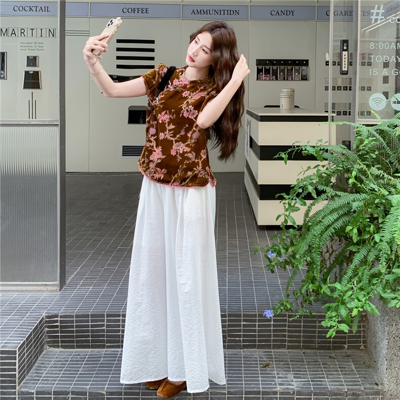 金丝绒碎花新中式国风上衣阔腿裤套装女夏大方得体两件套巨好看,女装套装/套裙,蝶眷