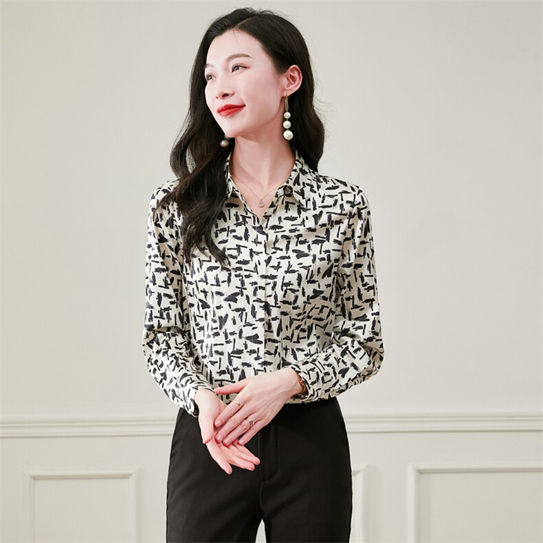 时尚重磅真丝衬衫女士长袖印花春装气质缎面丝绸真丝上衣女衬衣，女装衬衫，阿舍尔精品