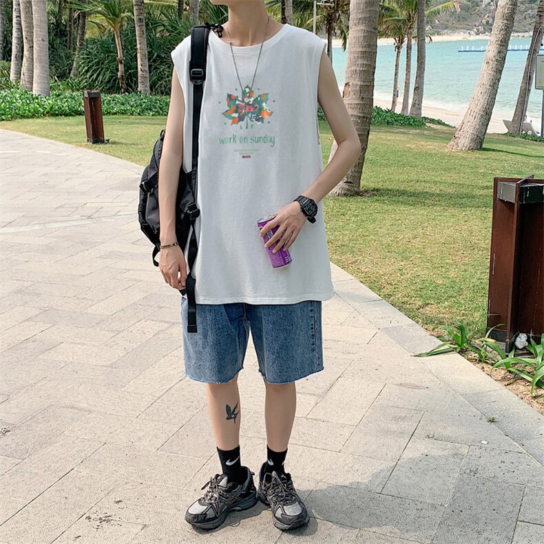 ！港风2023夏季无袖背心男加肥加大码宽松短袖T恤男BX202-P20，男装背心/马甲，电商B371