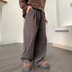 港风秋冬款男女休闲裤毛呢条纹格子老钱风宽松阔腿长裤HK061 P65图片