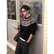高质量美式复古费尔岛毛衣男秋季提花圆领针织衫内搭打底衫，男装T恤，星座516A