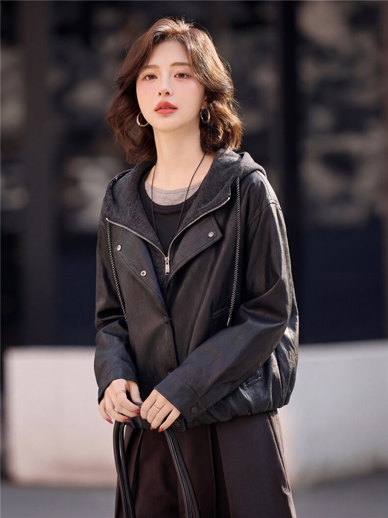 【春季女装新款】2026大量现货时尚休闲春秋连帽假两件皮衣外套,女装皮衣,缘衣格