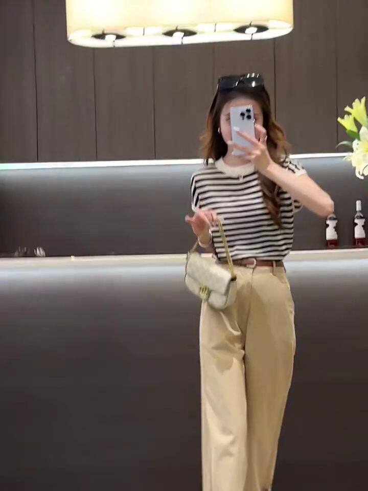 夏季新款条纹飞飞袖羊毛短袖女,女装T恤,佳弈羊绒