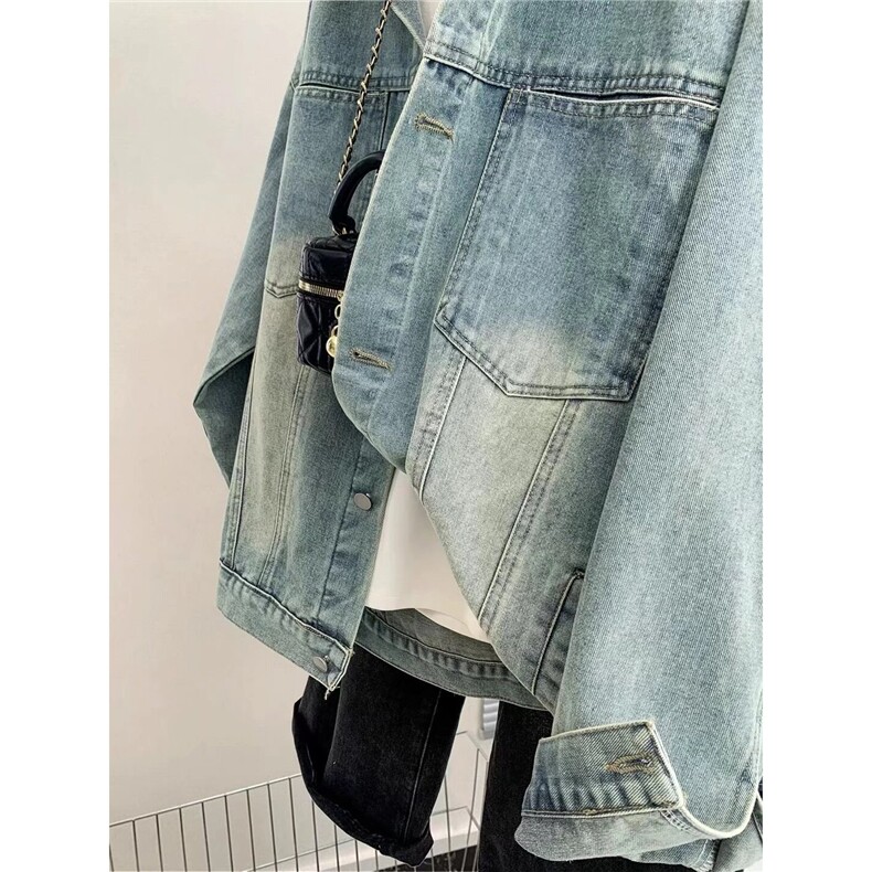 港风秋款男女牛仔夹克衫PU皮领宽松休闲渐变色外套JK149P78,男装工装外套,星座1013-1