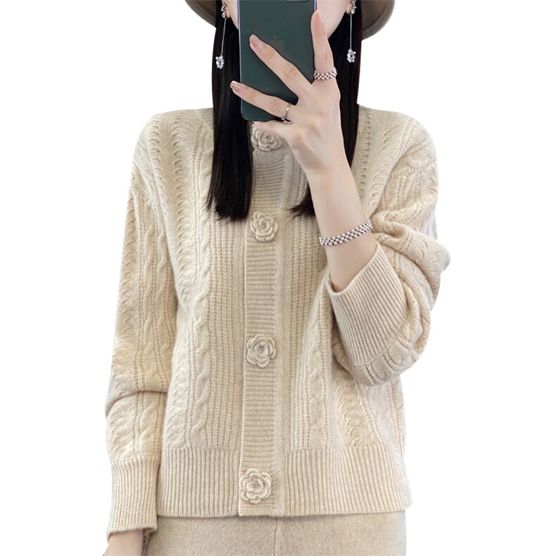 25秋冬圆领100%纯羊毛开衫女花朵提花毛衣宽松休闲羊绒衫针织外套,女装羊毛衫,鹿一羊绒