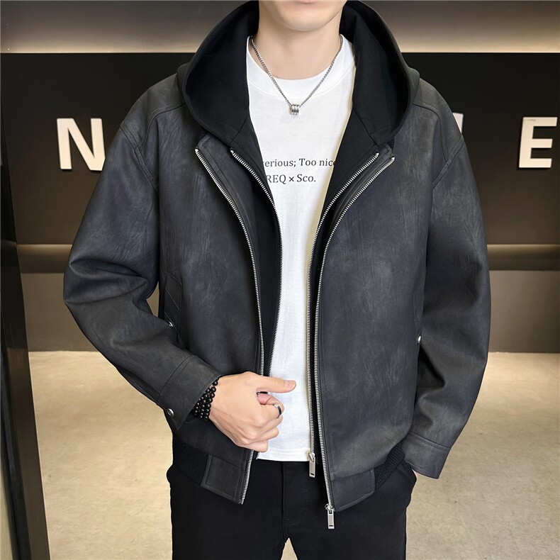 假两件连帽男装皮衣外套春季夹克C317-1188-P185,男装夹克,电商C317