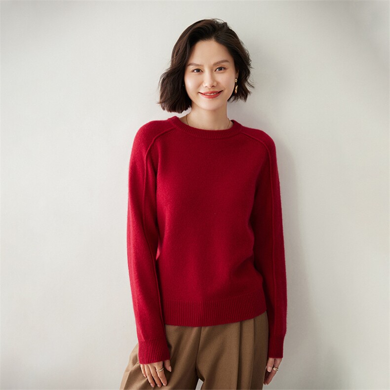 时尚插肩圆领女士羊绒衫舒适保暖优雅百搭,女装羊绒衫,迎冬羊绒