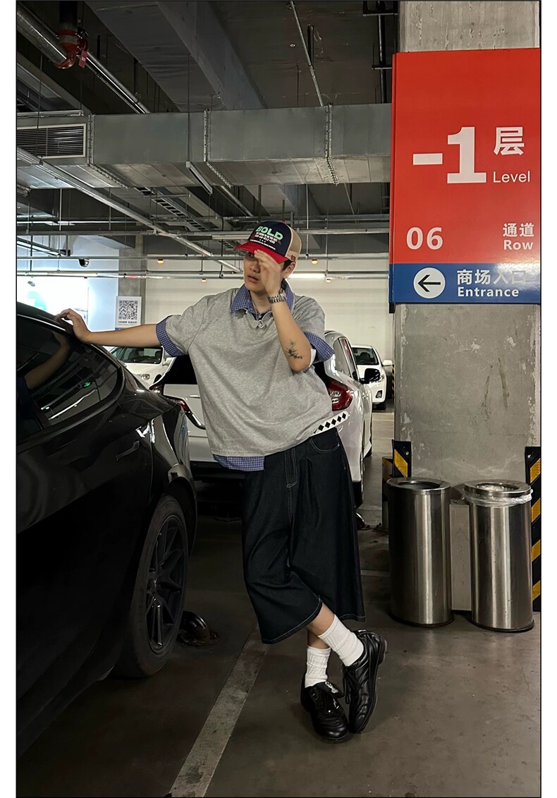 得物抖音高品质二开夏季美式潮牌高街假两件格子衬衣翻领短袖T恤,男装T恤,电商A486
