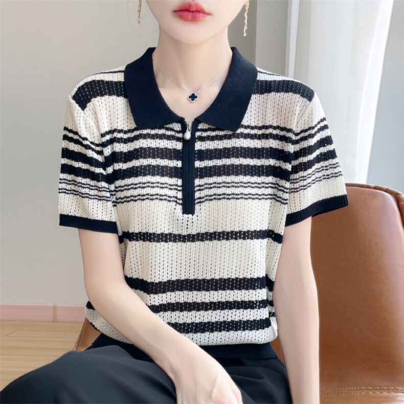 夏季新款天丝苎麻半拉链镂空条纹短袖女宽松百搭显瘦时尚休闲上衣,针织衫/毛衣,暖娇绒