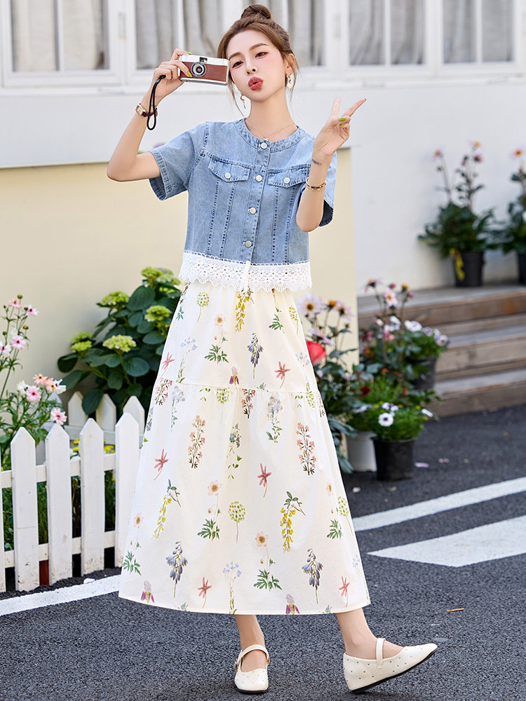 新款现货新中式夏季时尚休闲圆领拼接小上衣半身裙两件套,女装套装/套裙,丽美静依