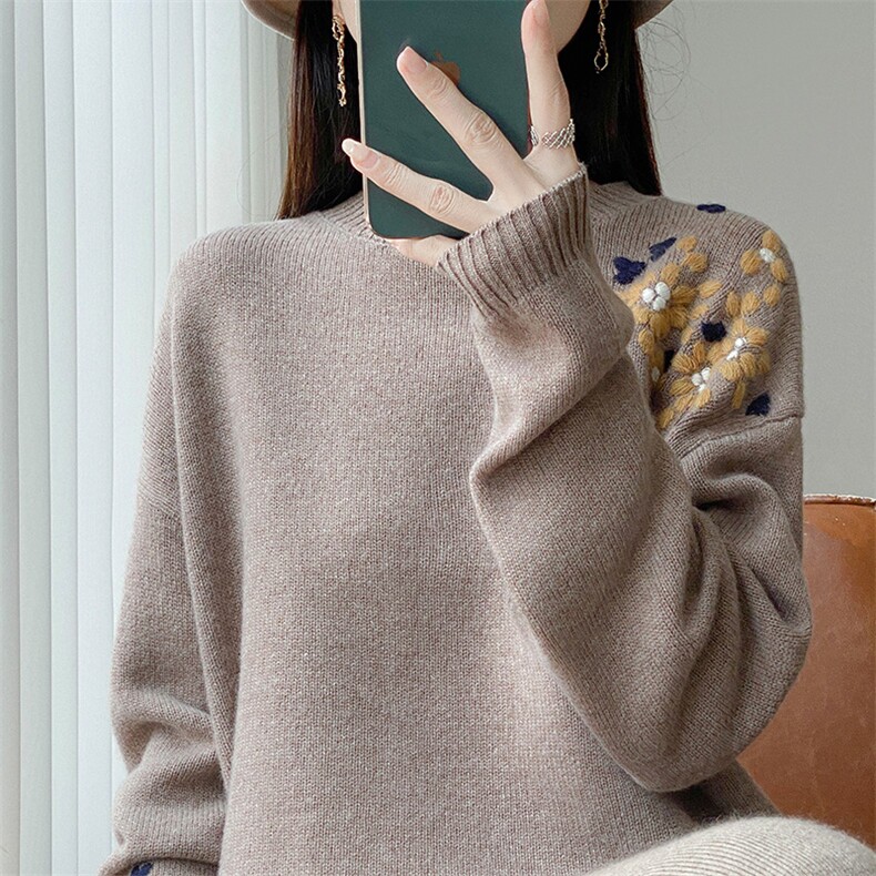 秋冬新款重工手工绣花慵懒风毛衣提花100%纯羊毛衫女加厚针织内搭,针织衫/毛衣,江南羊绒
