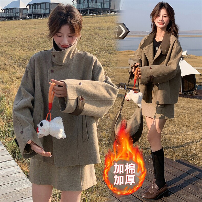 韩版上衣毛呢套装女2025冬季新款显瘦a字短裙两件套,女装套装/套裙,纯色衣恋