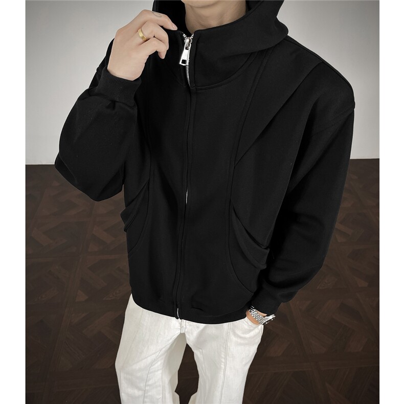 WK2548特68控12855棉45聚酯红地板拼接连帽情侣卫衣宽松外套男，女装短外套，电商B370