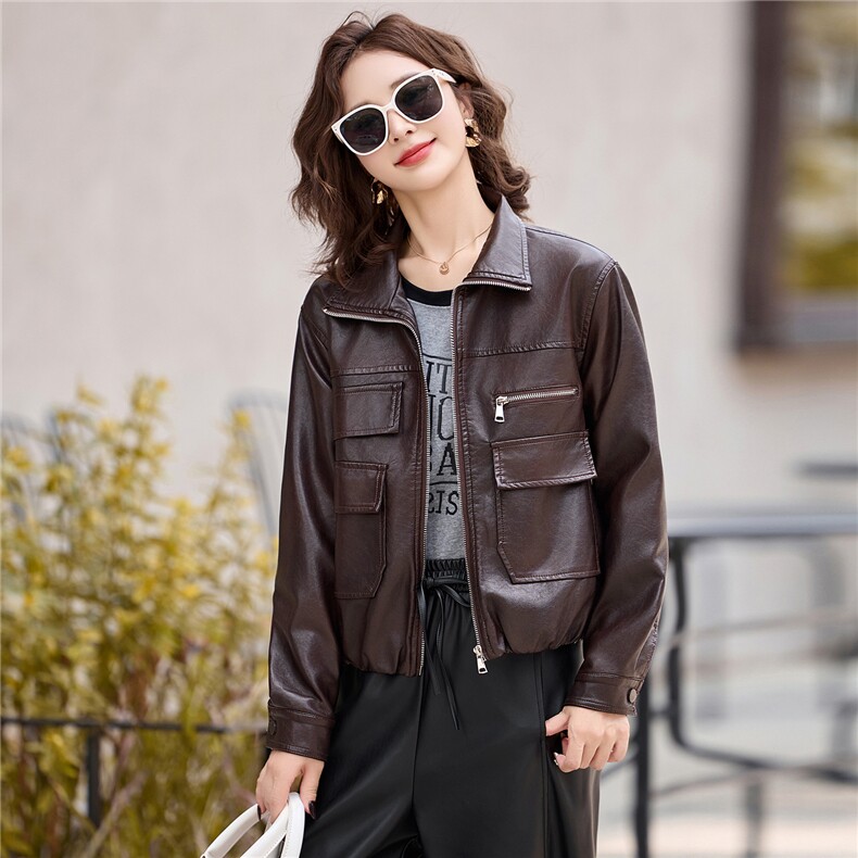 2025年秋季新款现货休闲时尚潮流机车服皮衣外套,女装皮衣,臻衣坊