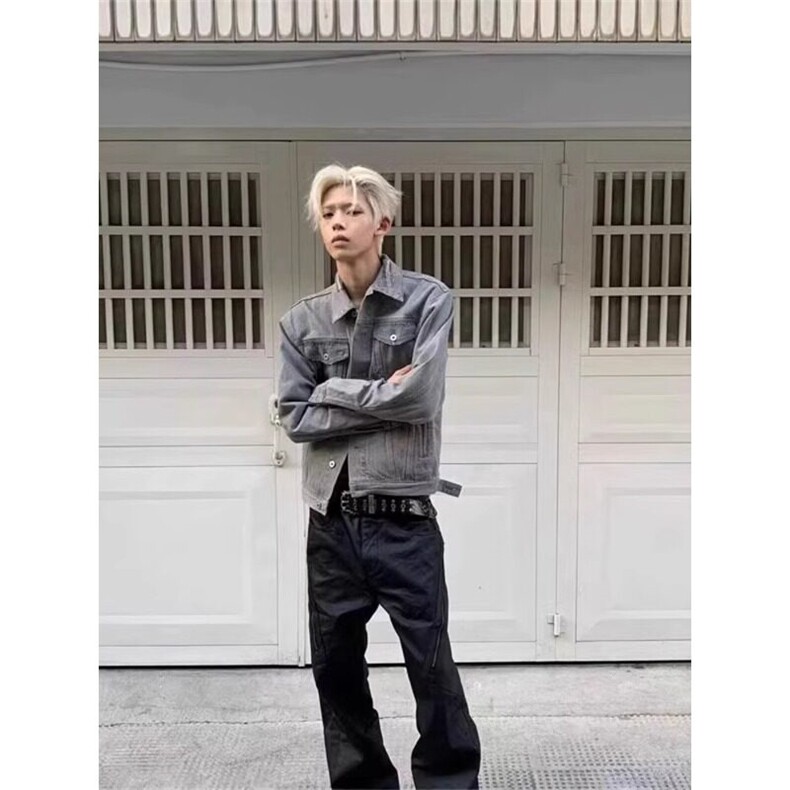 美式复古短款水洗灰色牛仔外套高级感痞帅夹克JK48特P70,男装工装外套,星座908-1