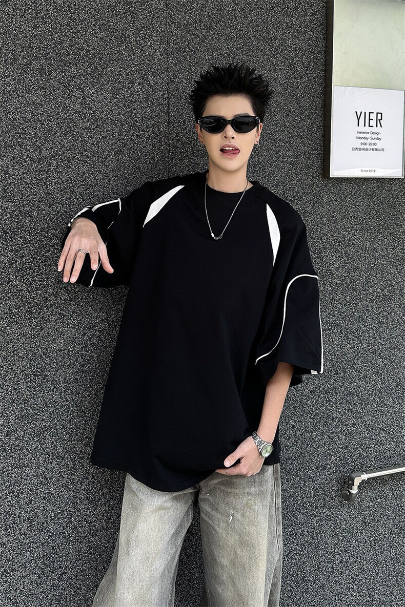 8XL-M美式小众高级感拼接短袖T恤男夏简约百搭宽松纯棉上衣DX336,男装T恤,电商D206-1