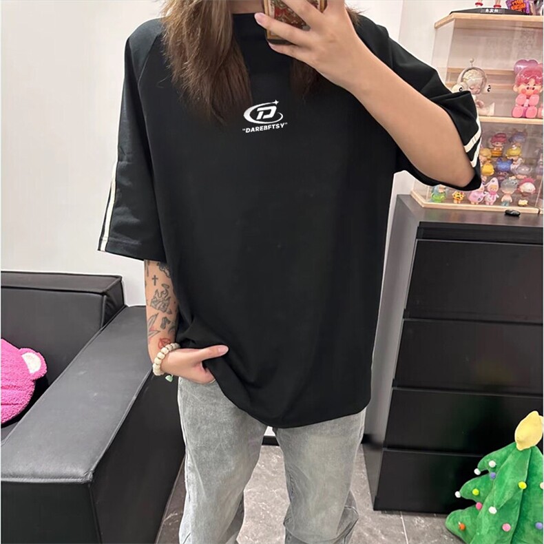 抖音得物高品质二开240克宽松纯棉美式潮牌三条杠织带短袖T恤,男装T恤,电商A486-1