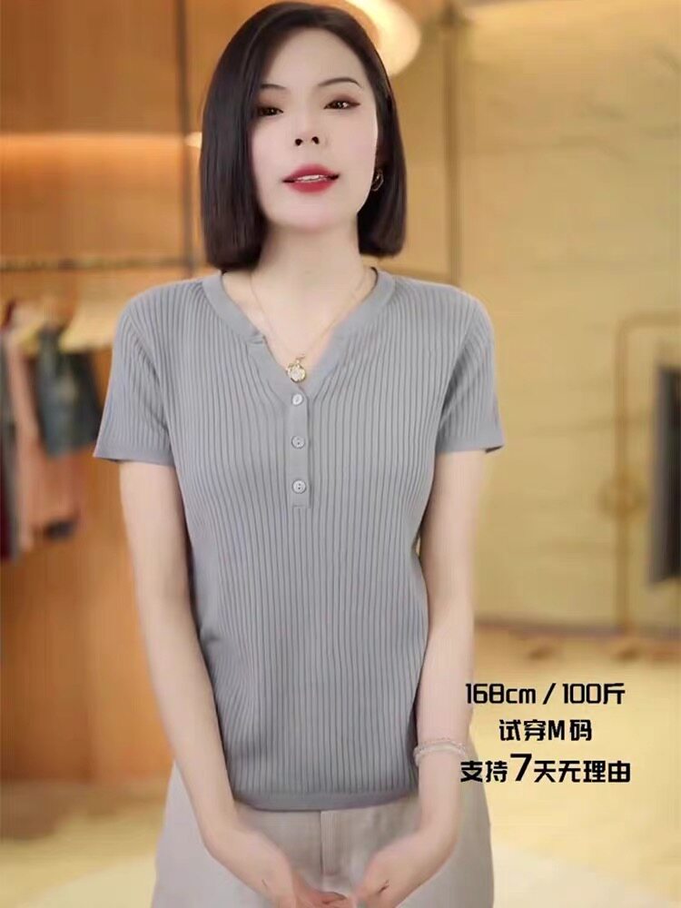 2025年春季时尚百搭通勤简约V领短袖，女装T恤，晨旭羊绒