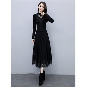 2023秋季新款半高领线衣花边配蕾丝长款打底连衣裙（配饰品)，女装连衣裙，安之芮娜