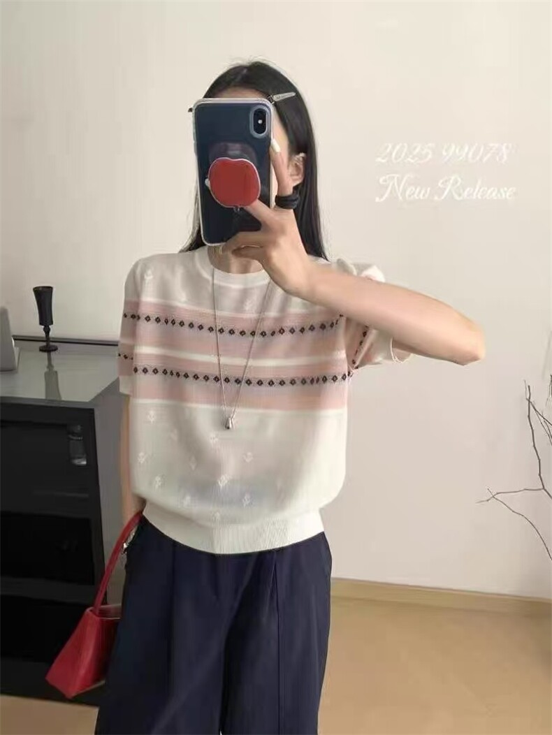 精纺羊毛加欧根纱圆领短袖,针织衫/毛衣,百纯羊绒