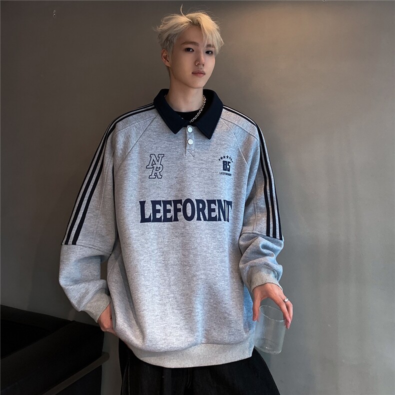 美式复古条纹POLO衫卫衣男女春秋休闲运动翻领插肩袖上衣W99-P58,男装Polo衫,电商C307A