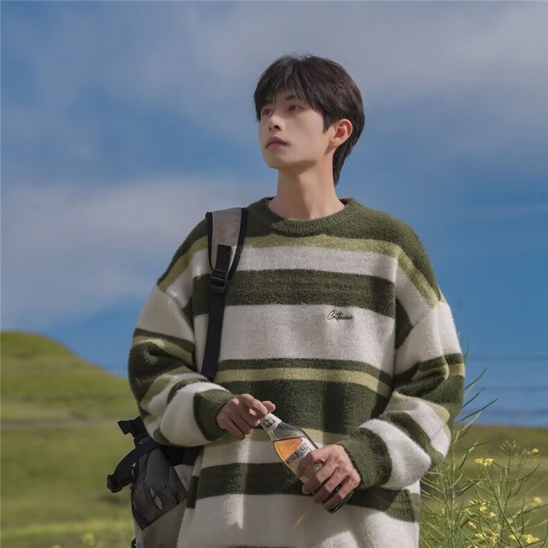 复古学院风拼色条纹圆领毛衣男冬季美式宽松套头针织衫MY213P48，男装针织衫/毛衣，星座1013-5