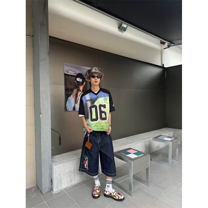 网图有货夏季美式复古球衣短袖T恤男女休闲运动v领上衣A604-P28,男装T恤,星座1505