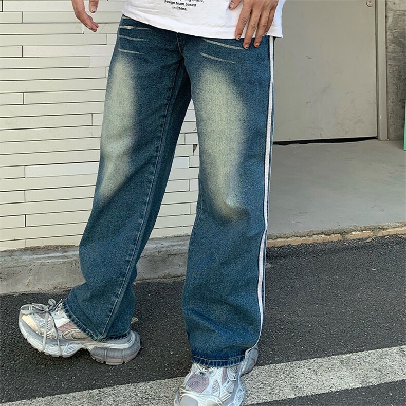 美式复古牛仔裤男高街潮牌ins宽松条纹垂坠感百搭oldschool裤子,男装牛仔裤,星座601-2
