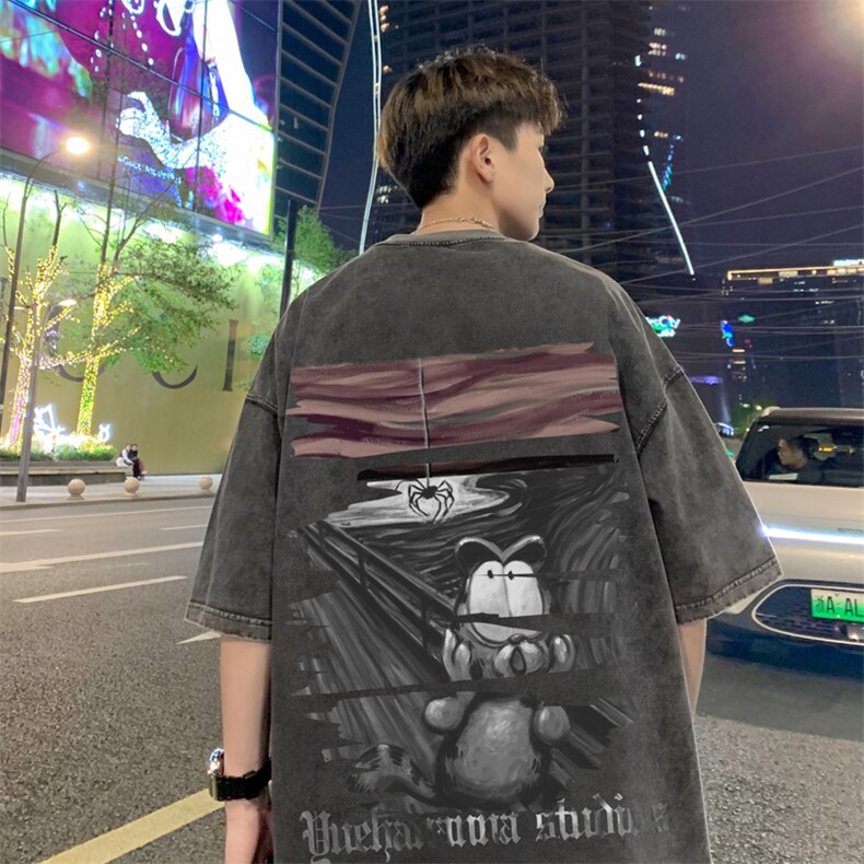 抖音供货、10万现货印花款230克水洗棉短袖T恤D223A-ST2373-P35,男装T恤,电商019-1