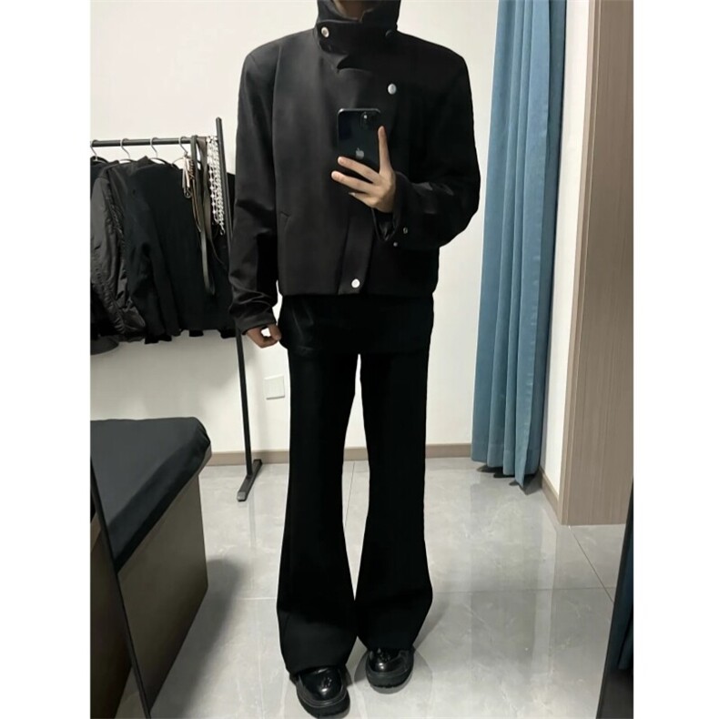 （现货）自制款纽扣斜拉链襟翻领垫肩短款夹克外套男，男装夹克，星座910A