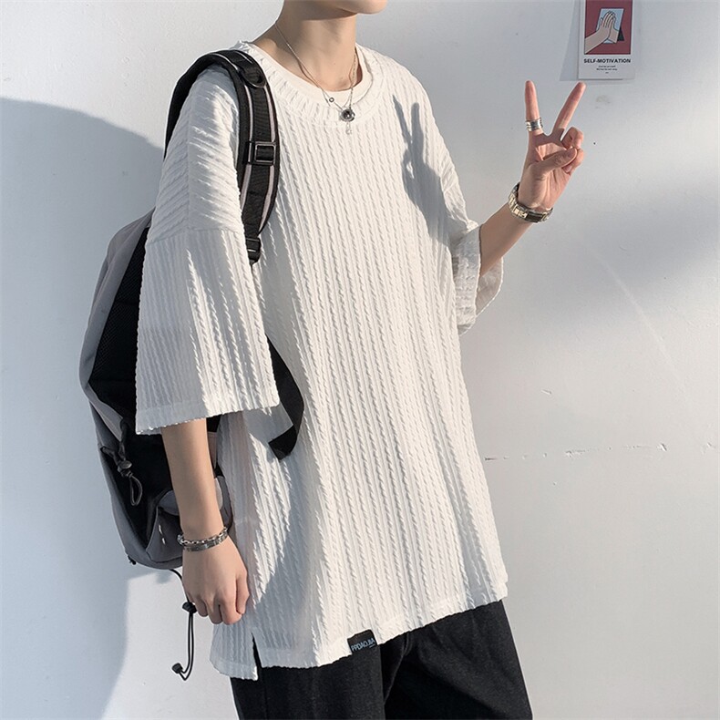 2023夏款男设计感花竖条纹圆领半袖光影白墙短袖T袖T21621-P40,男装T恤,电商A001