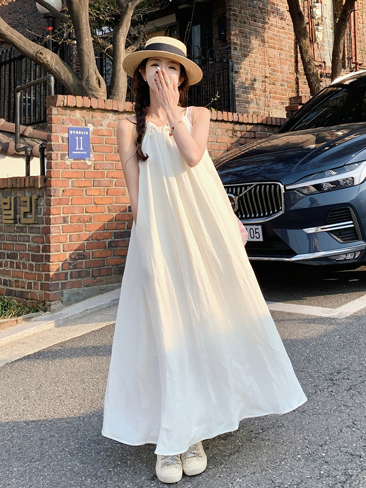 挂脖领露肩无袖连衣裙女夏2024新款设计感麻绳慵懒宽松显瘦长裙子,女装连衣裙,诺蝶