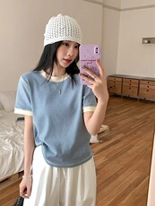 欧货新疆棉撞色小条纹T恤休闲圆领正肩短款上衣，女装T恤，湘姗