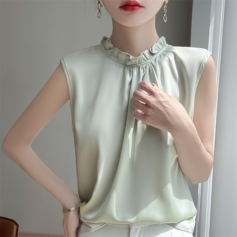 羊范木耳边立领纯色无袖吊带背心女2025夏季新款醋酸缎面气质打底,女装T恤,暖习羊绒
