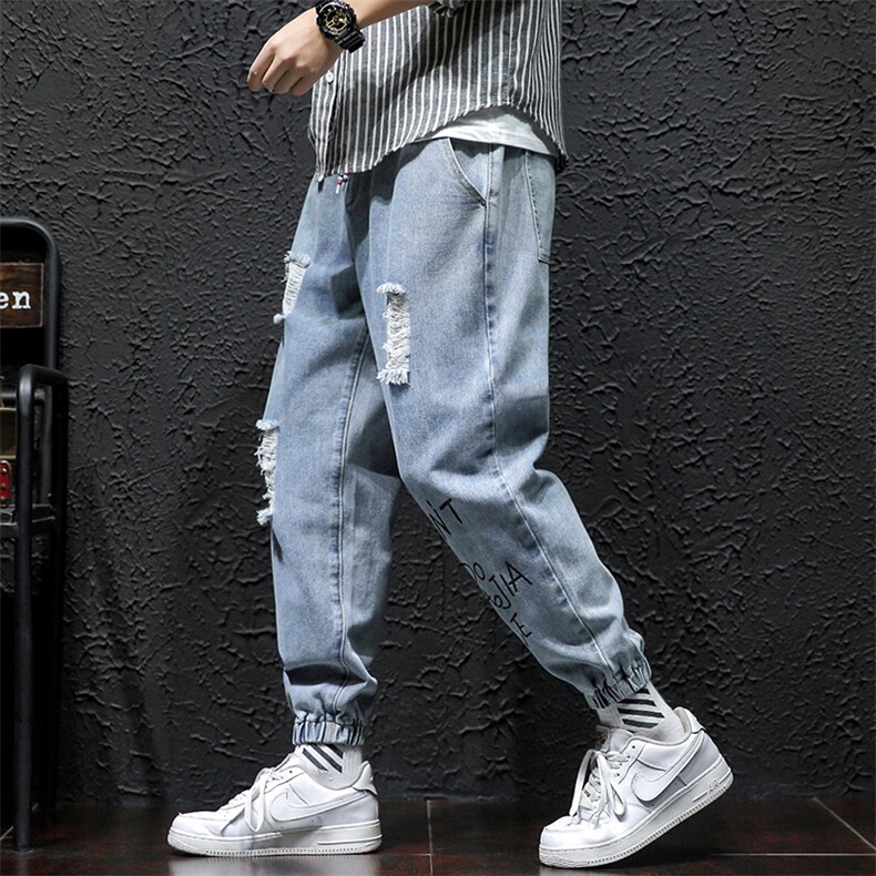 2021春季新日系大码男破铜印花束脚休闲九分牛仔裤N8106-P55,男装牛仔裤,电商A001