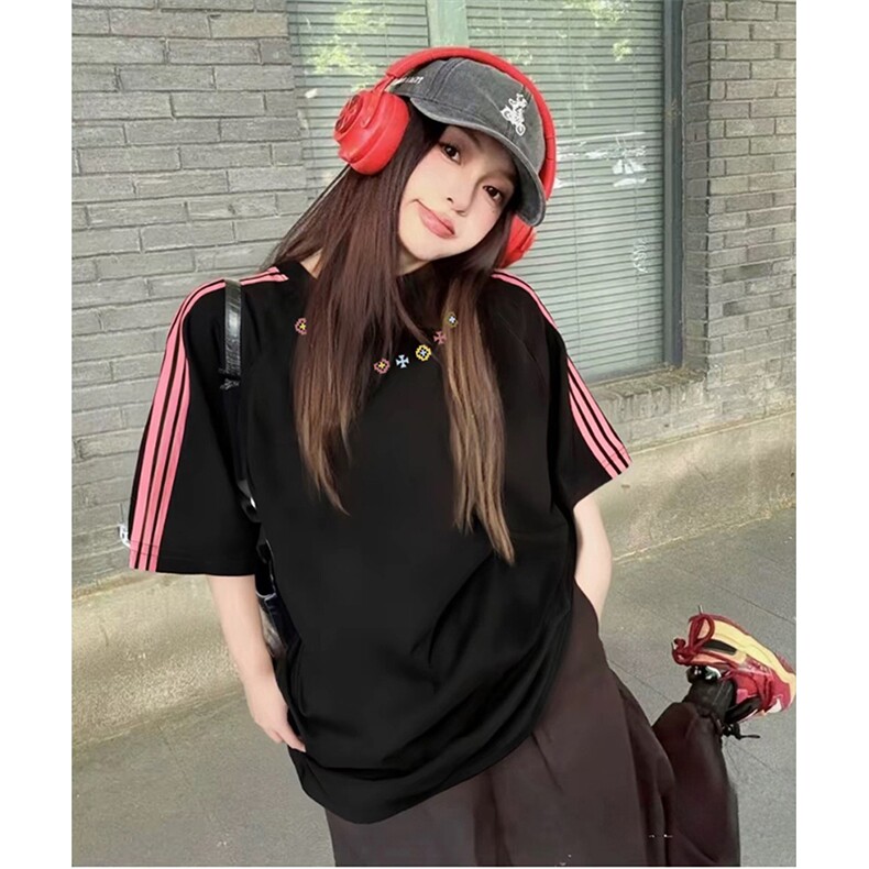抖音得物品质二开240克宽松纯棉美式潮牌印花三条杠中性风短袖T恤,男装T恤,电商A486-1