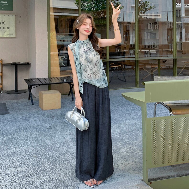 2026夏季新款韩系穿搭一整套轻熟气质印花无袖上衣阔腿裤两件套,女装套装/套裙,超帛