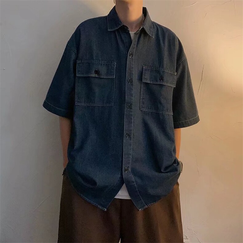 牛仔短袖衬衫男夏季港风痞帅五分袖外套ins韩版宽松衬衣CS889-p42图片