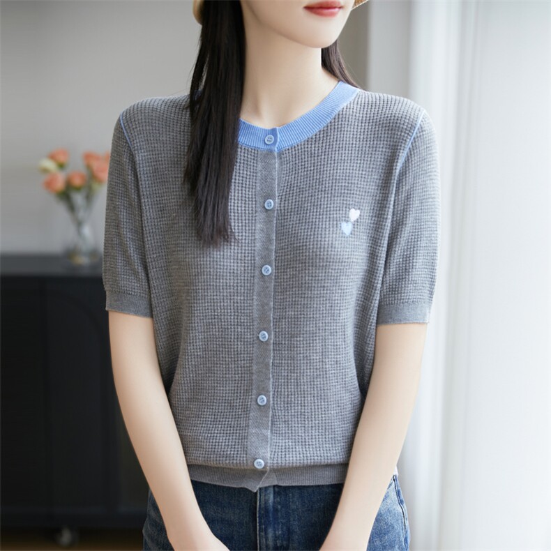 莱赛尔天丝针织短袖开衫女圆领甜美爱心拼色半袖T恤宽松打底上衣，女装蕾丝衫/雪纺衫，菲奥羊绒