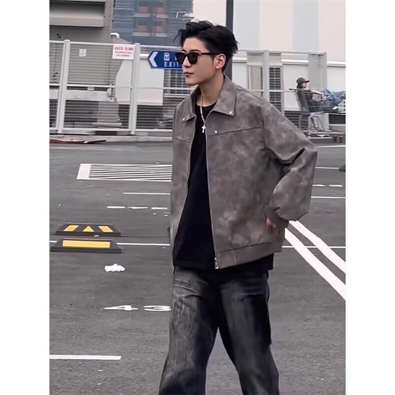 网图春季抖音得物品质扎染PU皮衣雾面皮夹克外套男6152-TP43,男装夹克,星座207