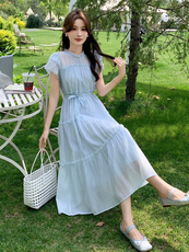 连衣裙女马卡龙色粉蓝黄2025夏季新款冰丝雪纺高级感减龄裙子，女装连衣裙，玖莱伊