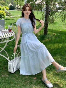 连衣裙女马卡龙色粉蓝黄2025夏季新款冰丝雪纺高级感减龄裙子图片