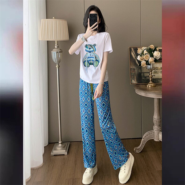 高端气质时尚运动套装女夏新款洋气圆领镶钻小熊短袖阔腿裤两件套,女装套装/套裙,江南